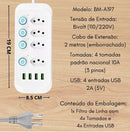 Extensão Elétrica 4 Tomadas 4 USB cabo 2m